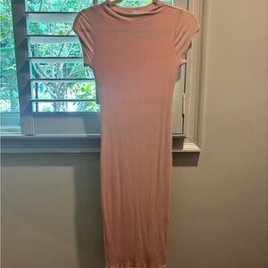 Black Bead Pink Bodycon Midi Dress Mock Neck Cap Sleeve